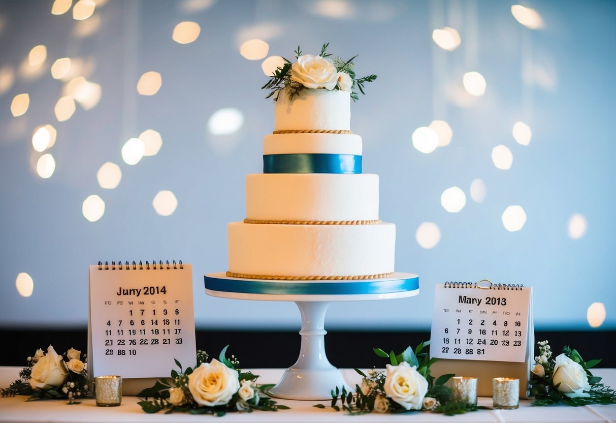 A wedding cake displayed on a pedestal, surrounded by decorative elements and a calendar showing the date one year after the wedding