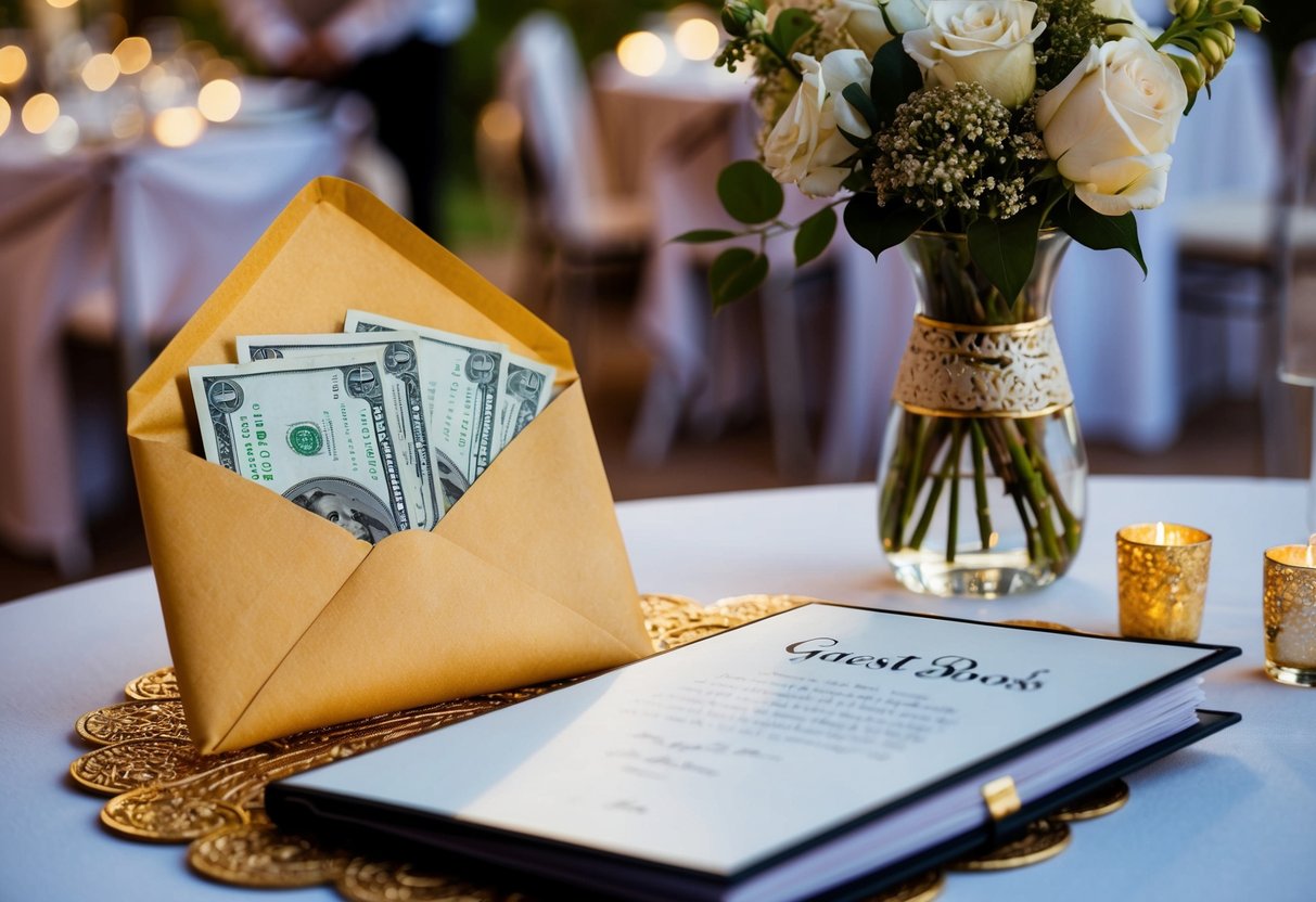 A beautifully wrapped envelope with cash inside placed on a decorative table next to a guest book at a wedding reception