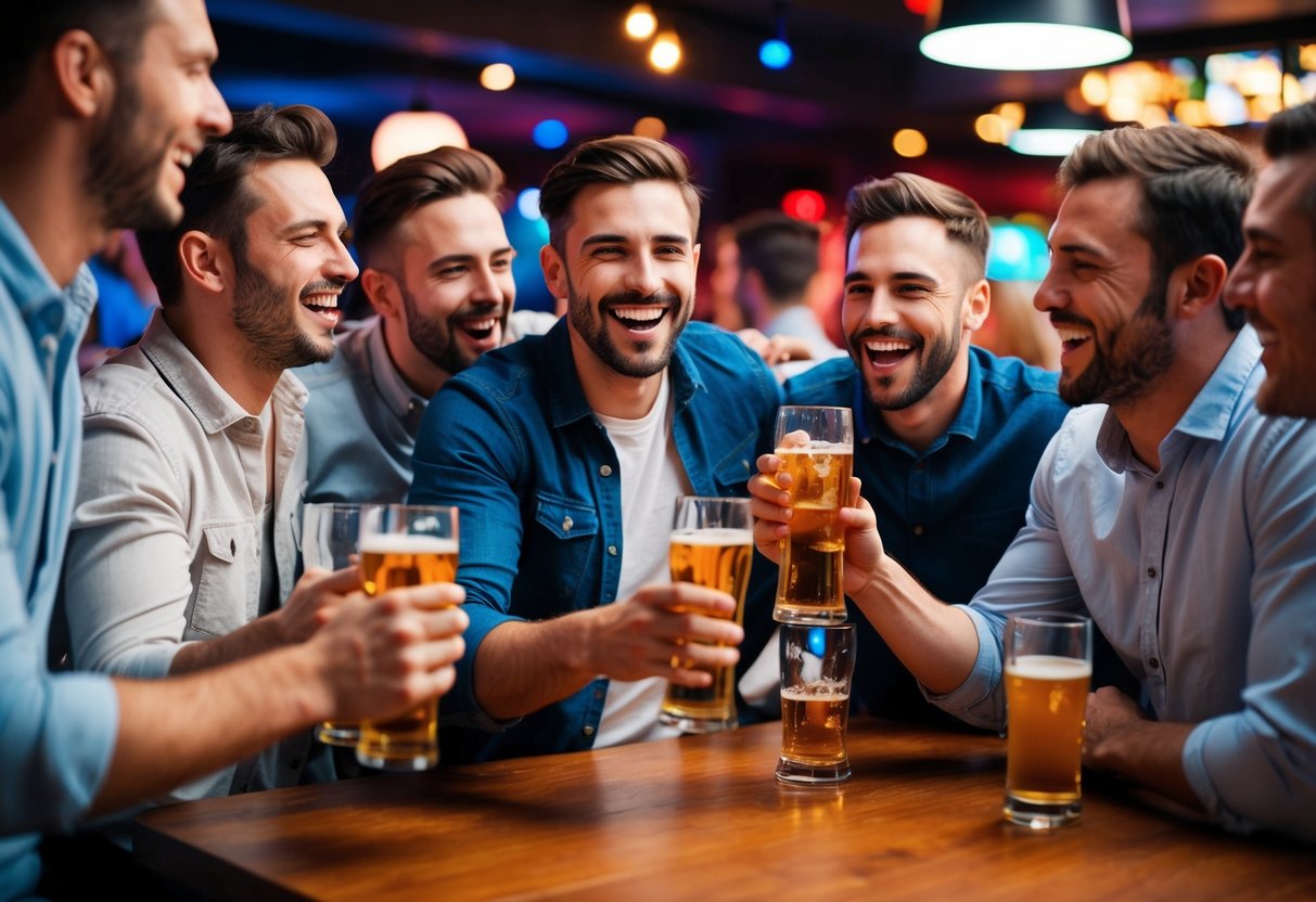 A group of men celebrating with drinks and laughter in a pub or nightclub