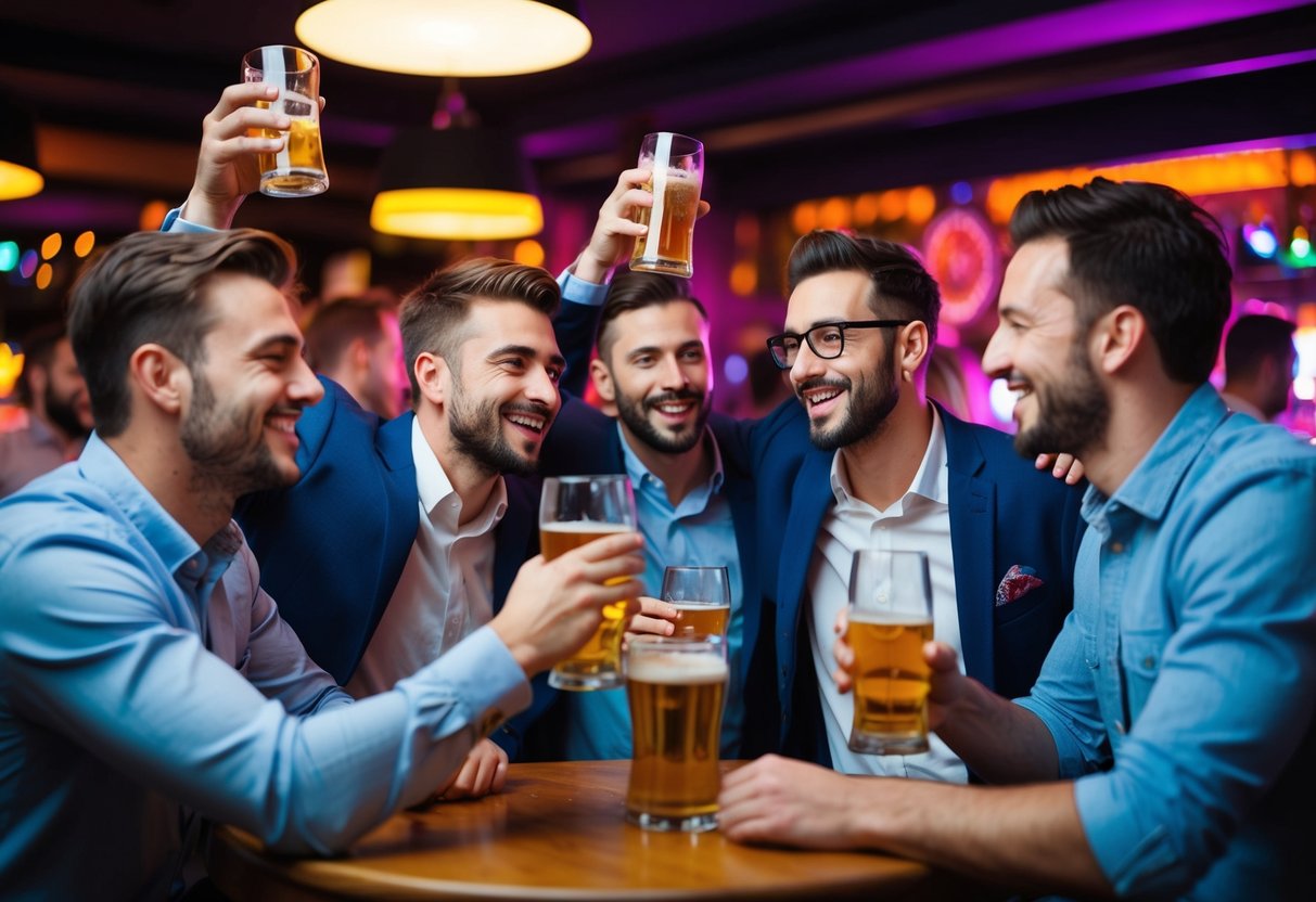 A group of men celebrating with drinks and music in a lively pub or club in the UK