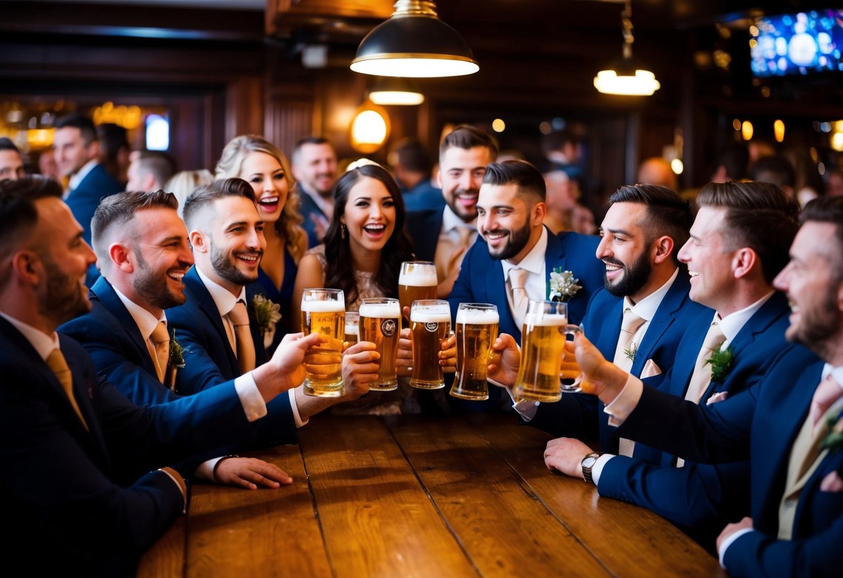 A group of friends gather in a lively pub, raising pints and toasting to the groom-to-be. Laughter fills the air as they enjoy a night of revelry and camaraderie
