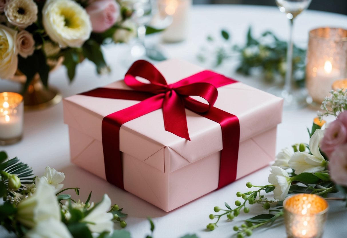 A beautifully wrapped gift box surrounded by elegant wedding decor and flowers