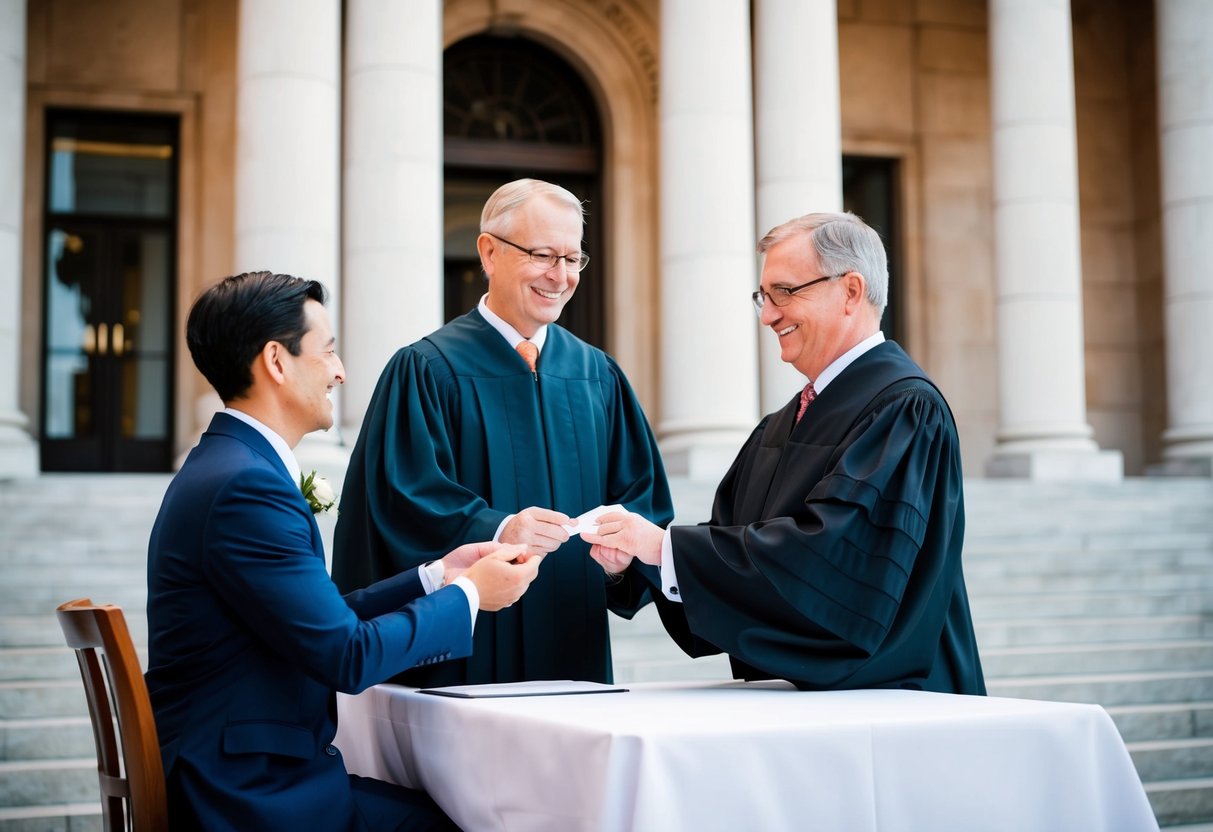 A courthouse with a judge and couple at a table, exchanging vows