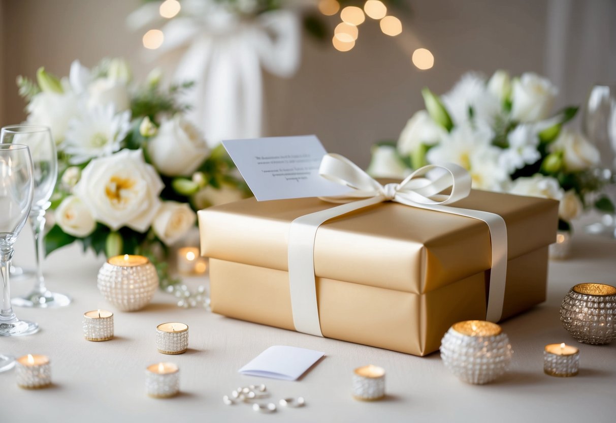 A beautifully wrapped gift box surrounded by elegant wedding decor, with a card peeking out from the ribbon
