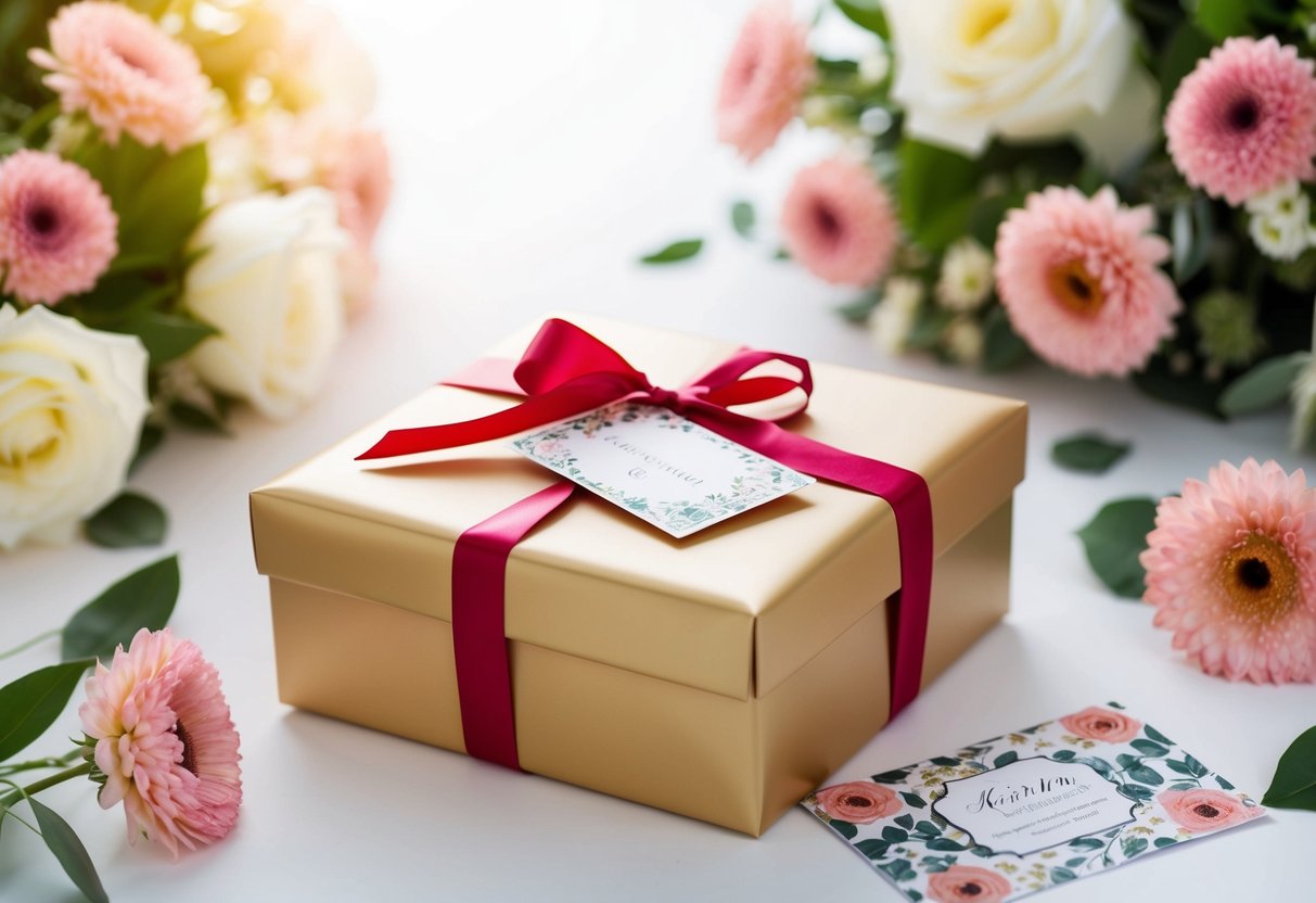 A beautifully wrapped gift box surrounded by elegant floral arrangements and a decorative card