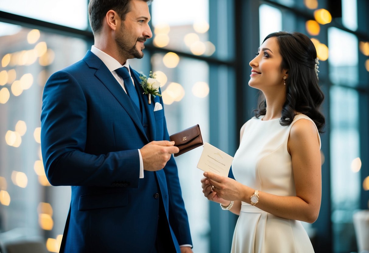 A man standing with a wallet in his hand, while a woman holds a wedding invitation and looks expectantly at him