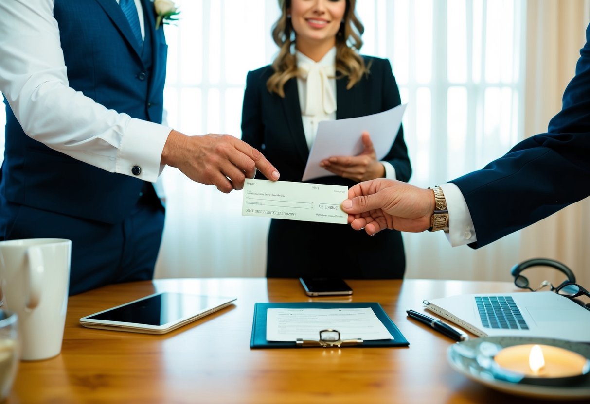 A father handing over a check to a wedding planner while discussing expenses