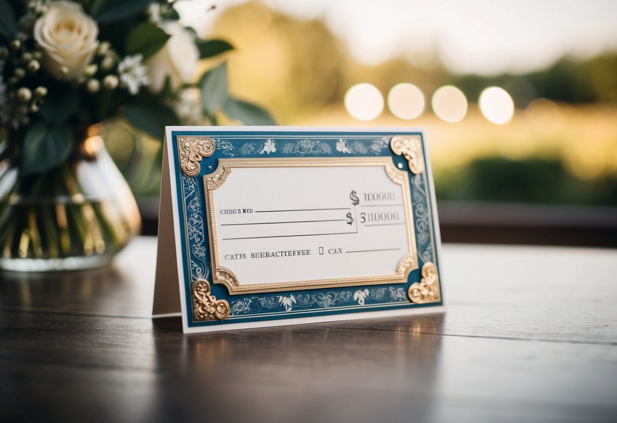 A decorative wedding card with a check or cash enclosed