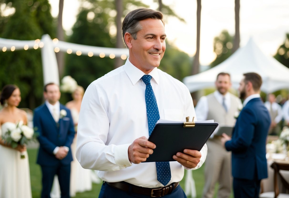 A father holding a checkbook with a wedding venue and vendors in the background