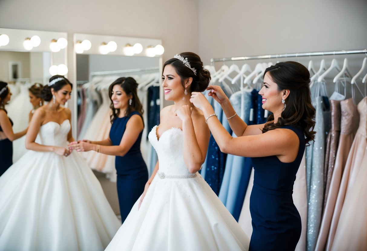 A bride trying on wedding dresses in a boutique, surrounded by mirrors and racks of gowns. A consultant assists her, holding up different options for her to consider