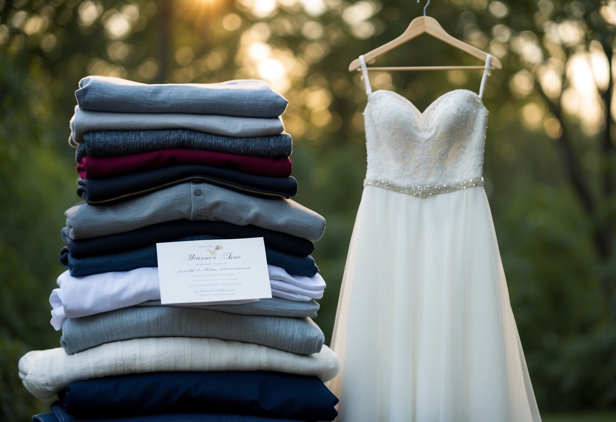 A pile of casual clothing items next to a wedding invitation and a formal dress on a hanger