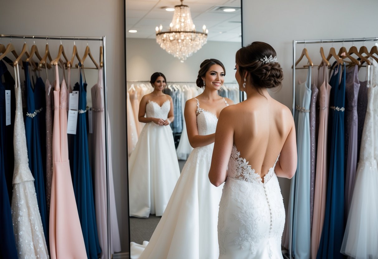 A bride trying on a wedding dress in a boutique, surrounded by racks of gowns and a mirror