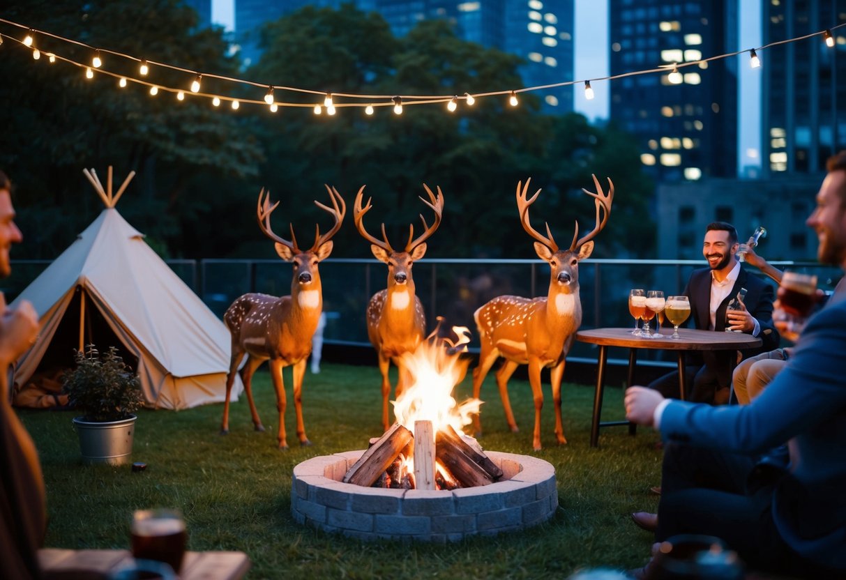 A stag party: forest setting with a bonfire, tents, and a group of male deer celebrating. A bachelor party: city rooftop with drinks, music, and a group of male deer enjoying the night