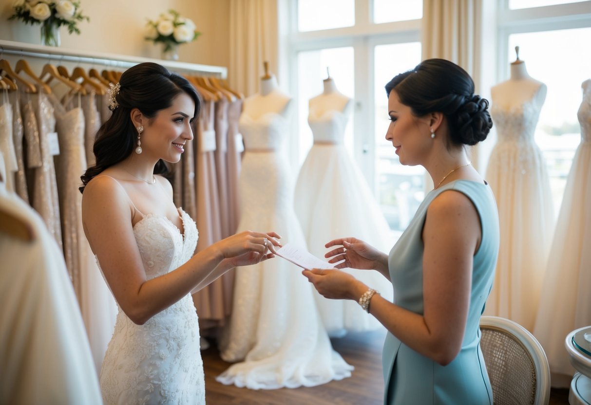A bride-to-be and a consultant discussing budget options for wedding gowns in a cozy, elegant bridal boutique