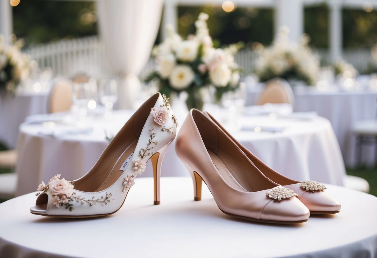 A pair of elegant high-heeled shoes next to a pair of comfortable flats, both adorned with delicate floral details, set against a backdrop of a wedding venue