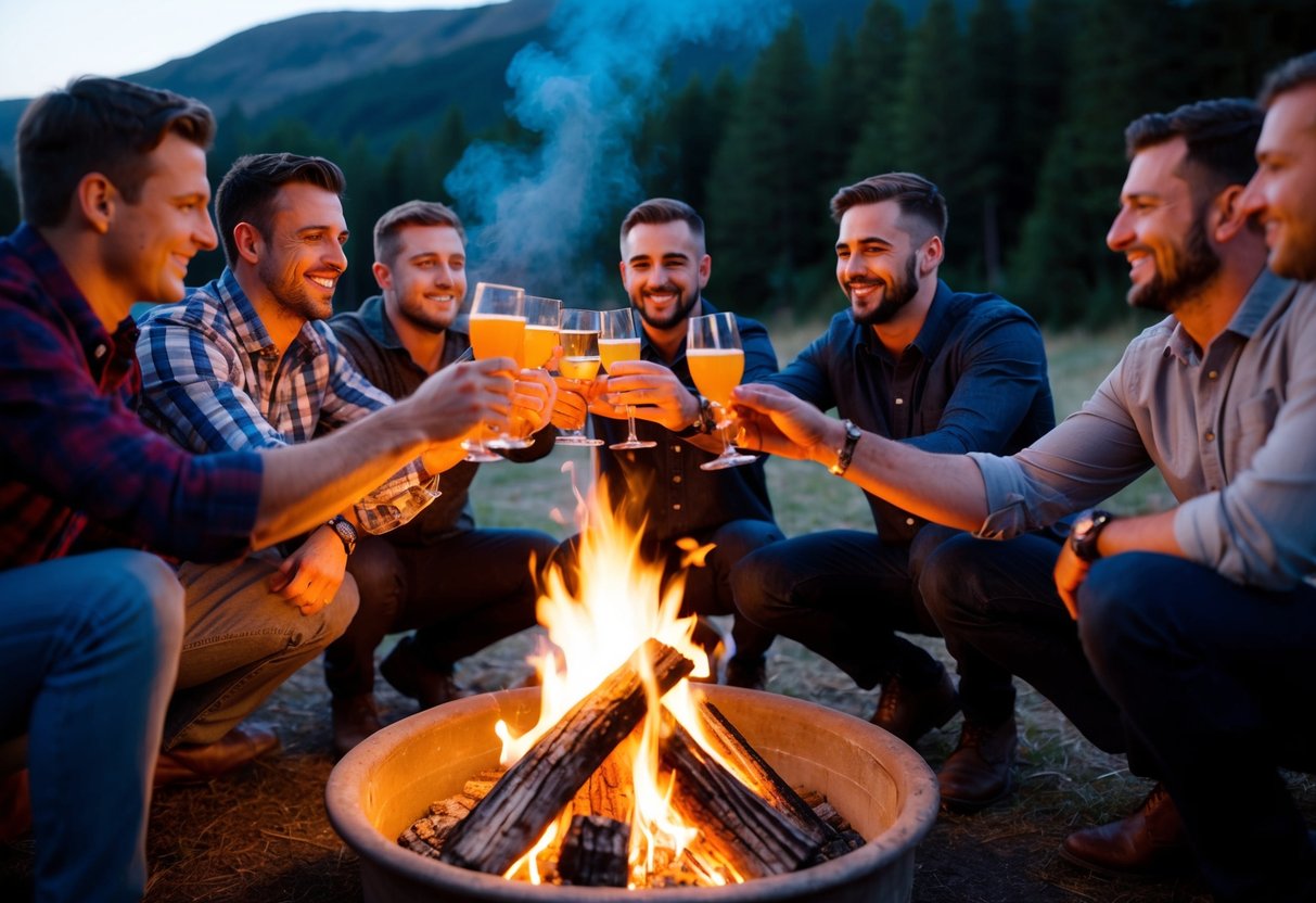 A group of men gathered around a campfire, toasting drinks and laughing as they plan a stag party