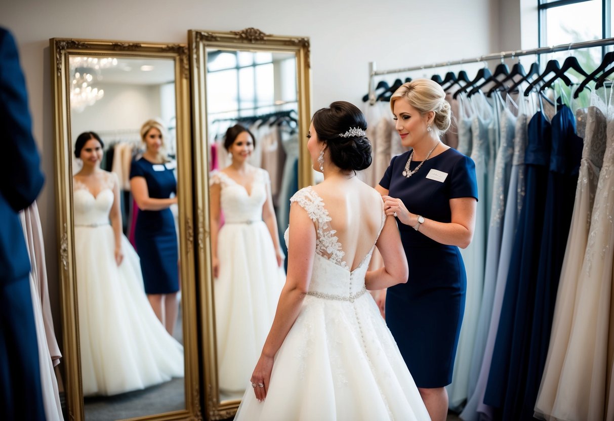 A bride trying on a wedding dress in a boutique, surrounded by mirrors and racks of gowns, with a salesperson assisting her