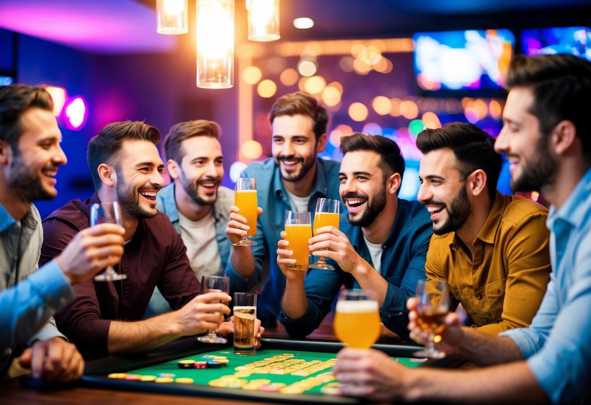 A group of men celebrating with drinks, laughter, and games at a lively bar or club