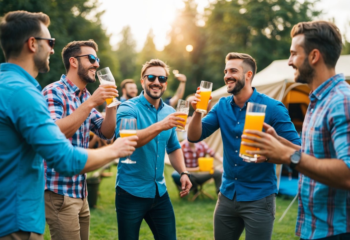 A group of men celebrating with drinks and music at a stag party, while at a bachelor party, men are engaged in outdoor activities like camping or sports