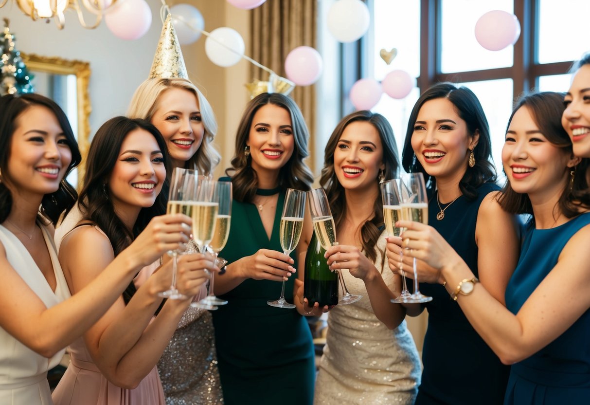A group of women celebrating with champagne and decorations in a fancy setting