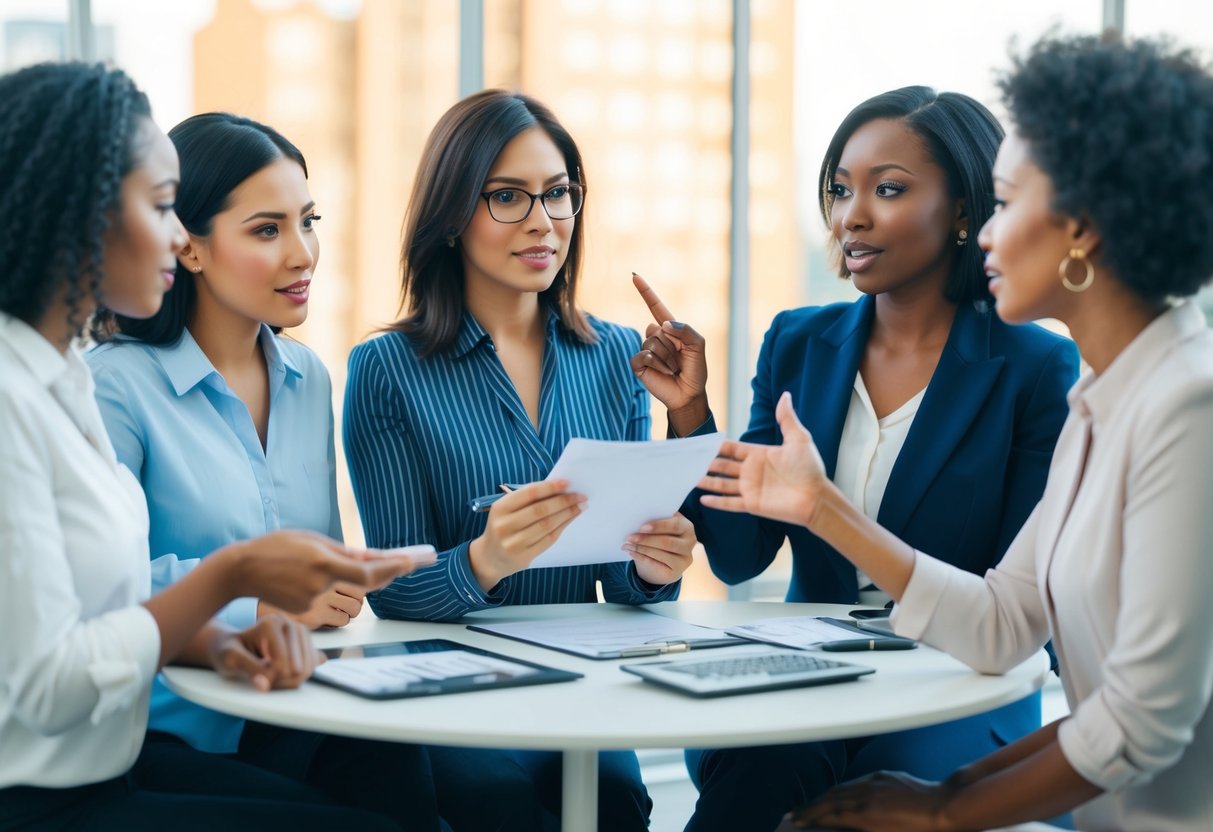 A group of women discussing finances around a table, with one woman holding a pen and paper, while another gestures emphatically