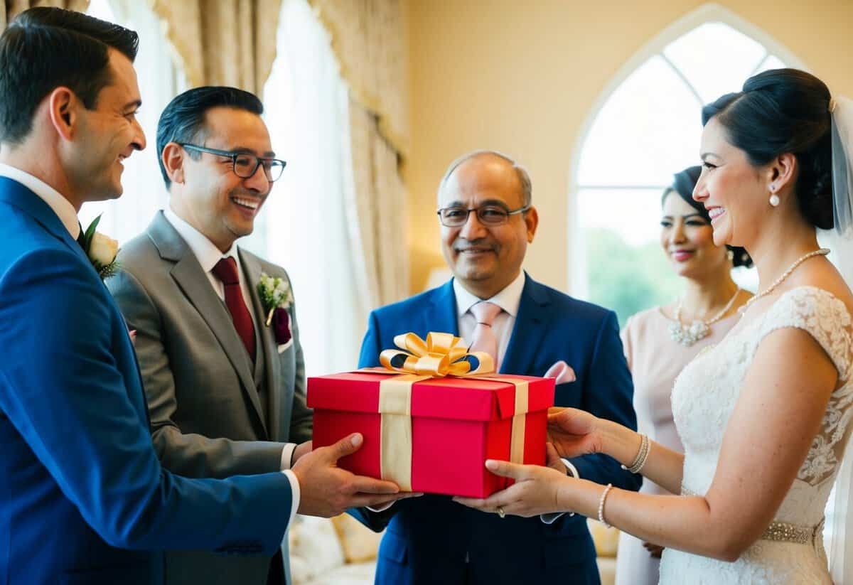 The groom's parents present a gift to the bride's family as a gesture of gratitude and goodwill