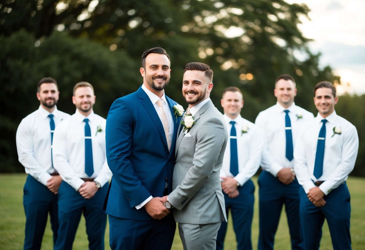 A best man stands beside the groom, while groomsmen stand behind him, all dressed in formal attire