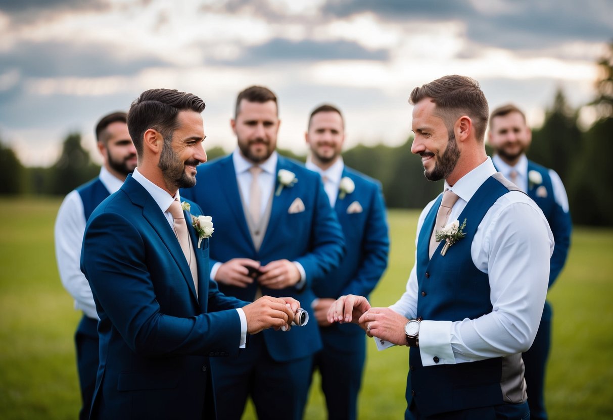 A best man standing next to the groom, holding the wedding rings, while the groomsmen stand behind them, offering support and assistance