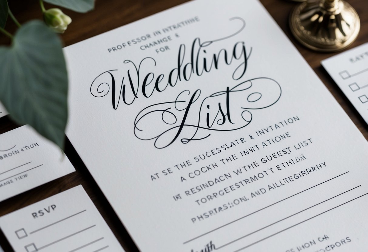 A wedding invitation with elegant calligraphy and a "B list" crossed out, indicating a change in guest list. RSVP cards with checkboxes for attendance