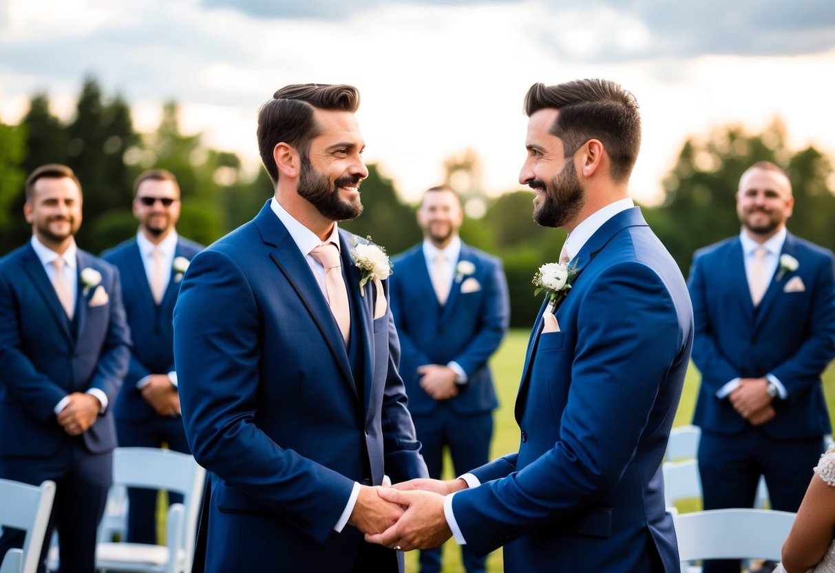 A best man stands next to the groom, while groomsmen stand behind them, all dressed in formal attire, at a wedding ceremony