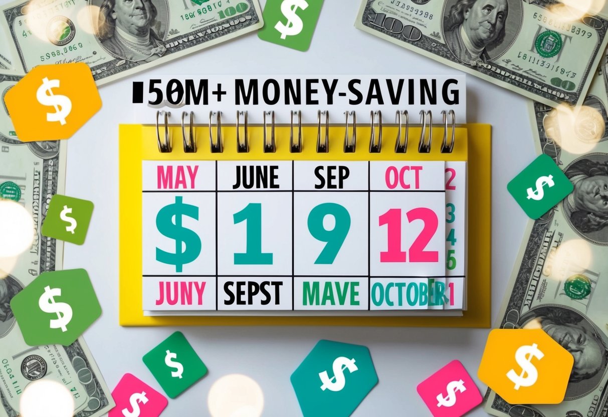 A calendar with highlighted months of May, June, September, and October, surrounded by money-saving symbols like dollar signs and discount tags