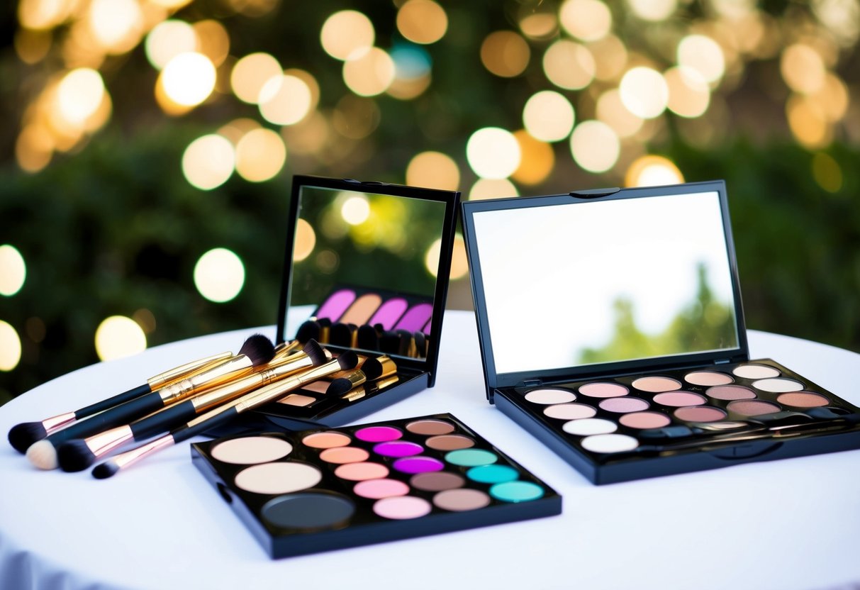 A table with two sets of makeup brushes and palettes, one with bold and vibrant colors for party makeup, and the other with soft and neutral tones for bridal makeup