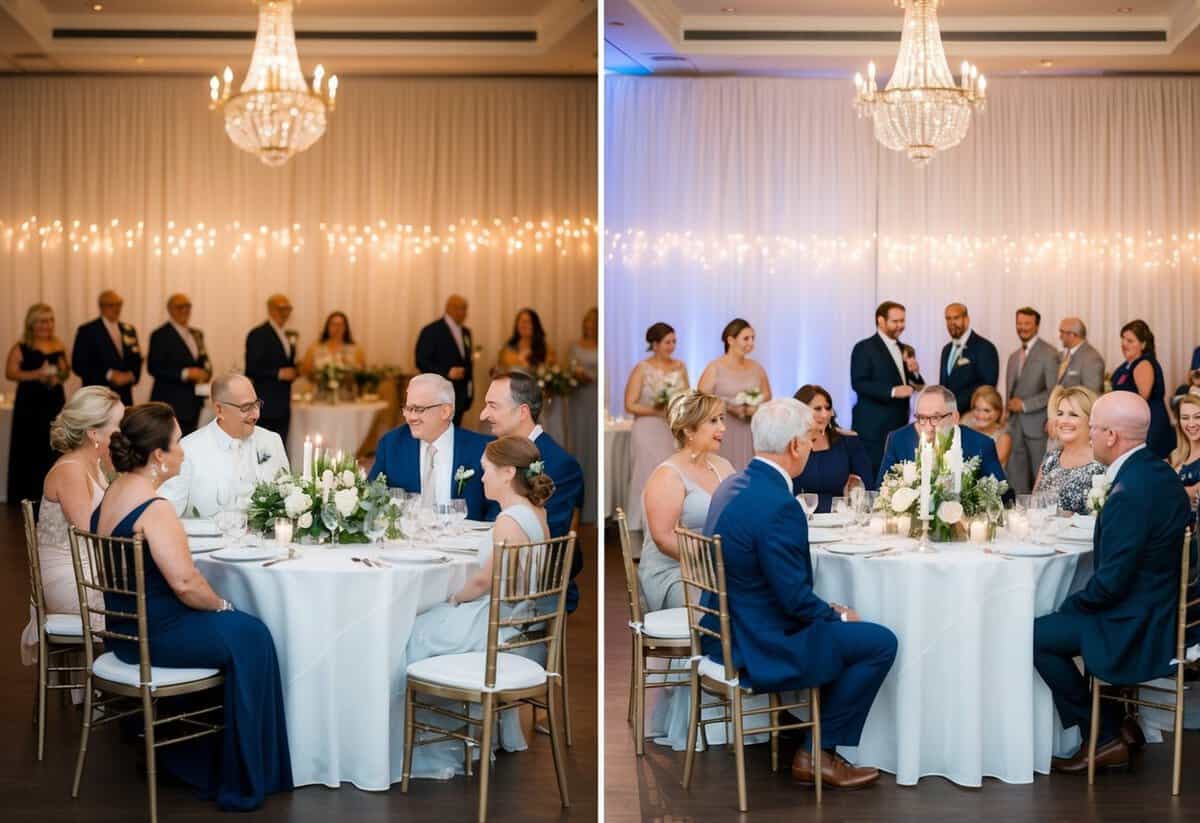 A wedding reception with two separate tables for divorced parents, each surrounded by their respective family members, avoiding interaction