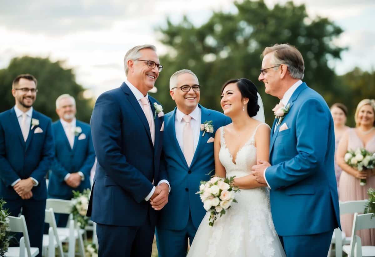 Divorced parents standing together, smiling at the bride and groom during the wedding ceremony
