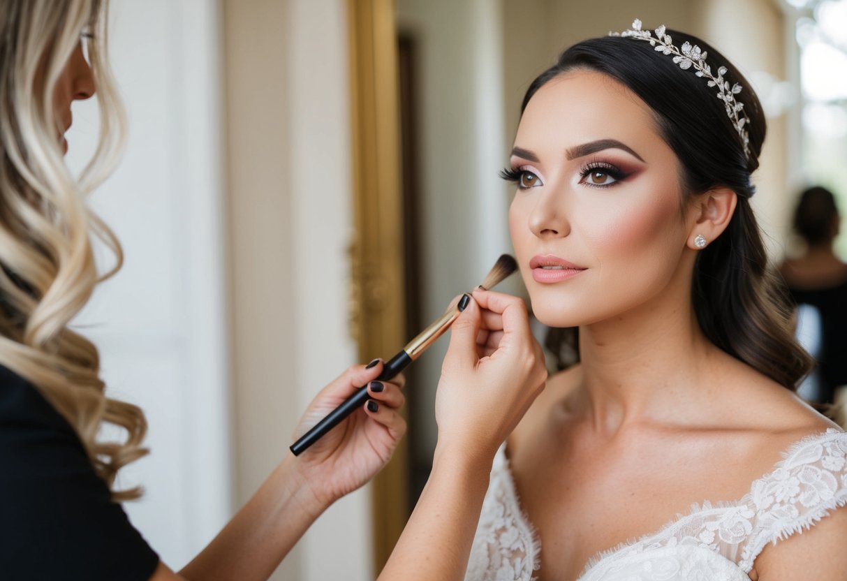 A makeup artist applies bridal makeup with soft, romantic tones. Regular makeup features a more natural and everyday look