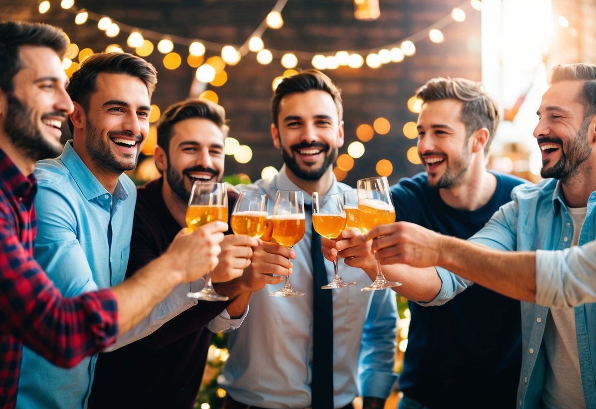 A group of men celebrating, toasting with drinks and laughing in a festive atmosphere
