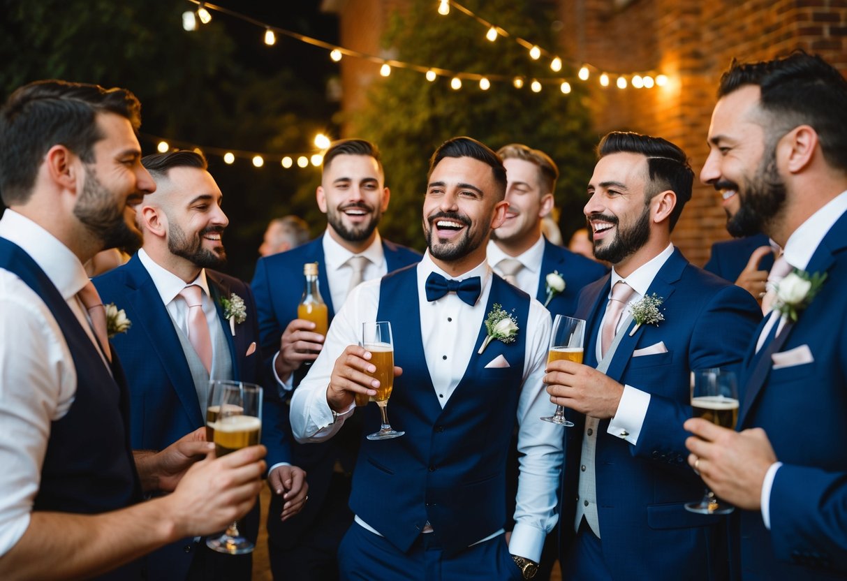 A group of men gather for the groom's party, celebrating with drinks and laughter, symbolizing the last night of freedom before the wedding