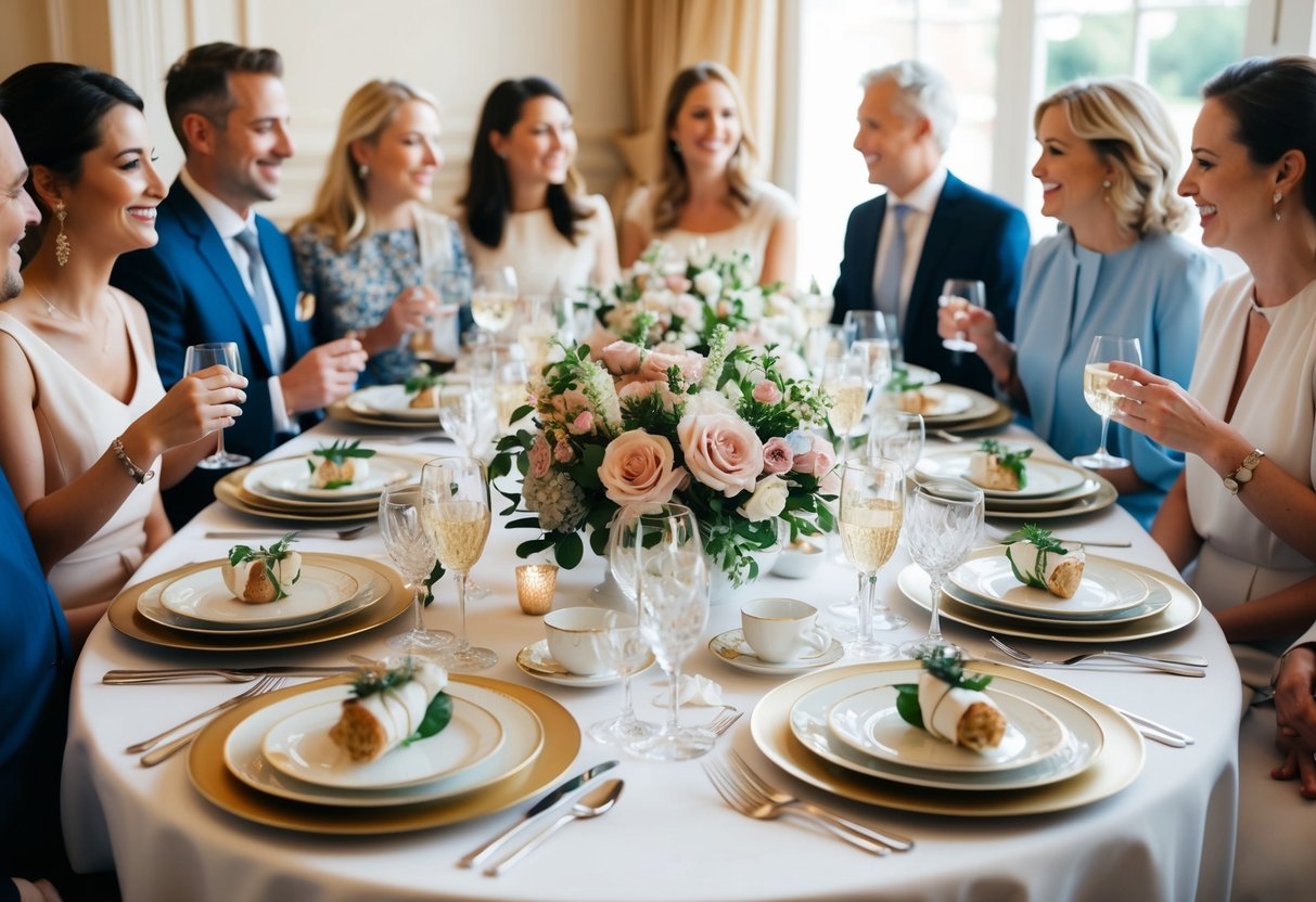 A beautifully decorated table set with elegant dinnerware and floral centerpieces, surrounded by happy guests chatting and enjoying a meal