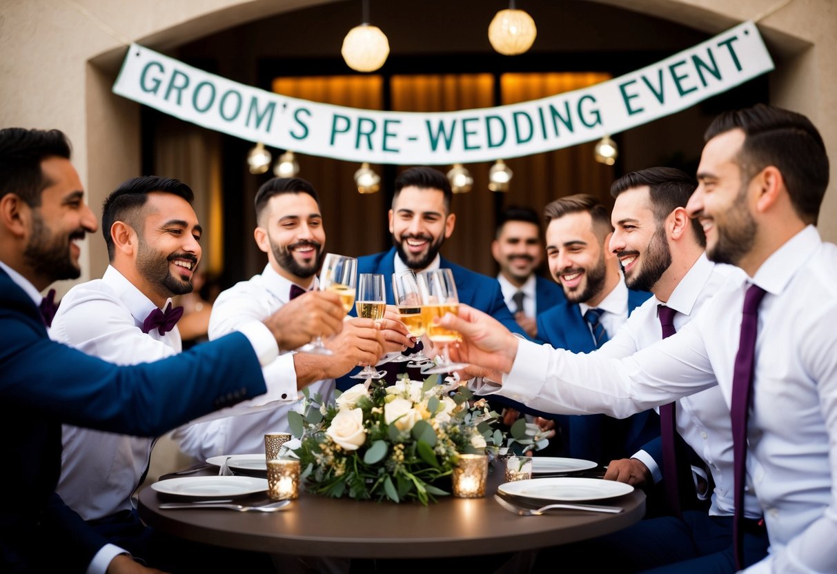 A group of men gather around a table, clinking glasses and laughing in a festive atmosphere. A banner with the words "Groom's Pre-Wedding Event" hangs in the background