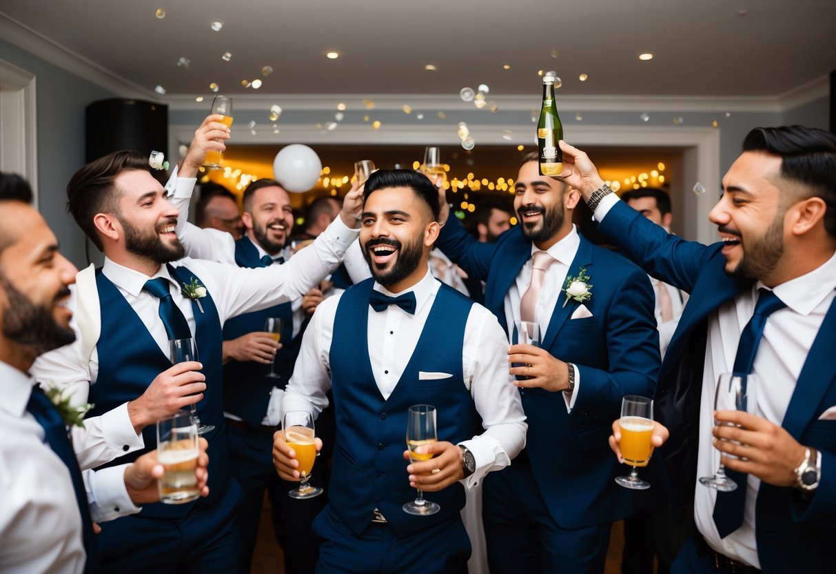A group of men celebrating at a pre-wedding party for the groom, with drinks, music, and laughter filling the room