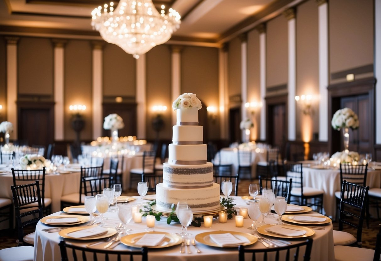 A grand banquet hall set for a wedding reception, with elegant place settings and a towering wedding cake