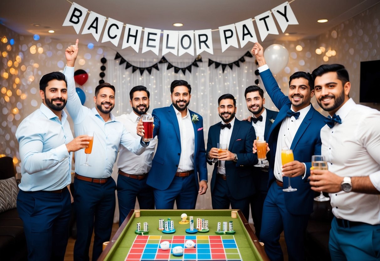 A group of men celebrating with drinks, music, and games in a decorated room with a banner that reads "Bachelor Party."