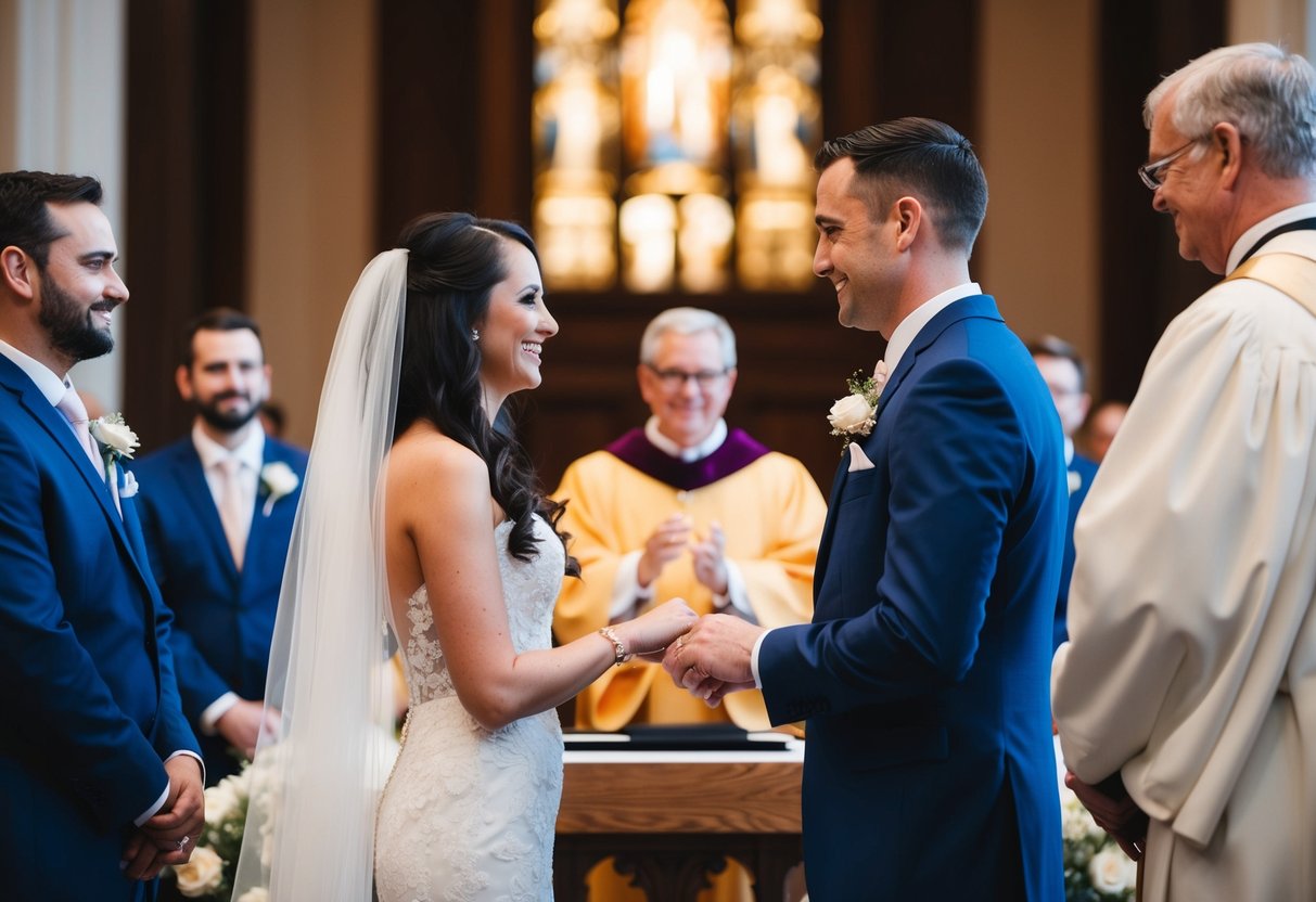 A bride and groom standing at the altar, exchanging rings and making promises to each other in front of a minister and their guests