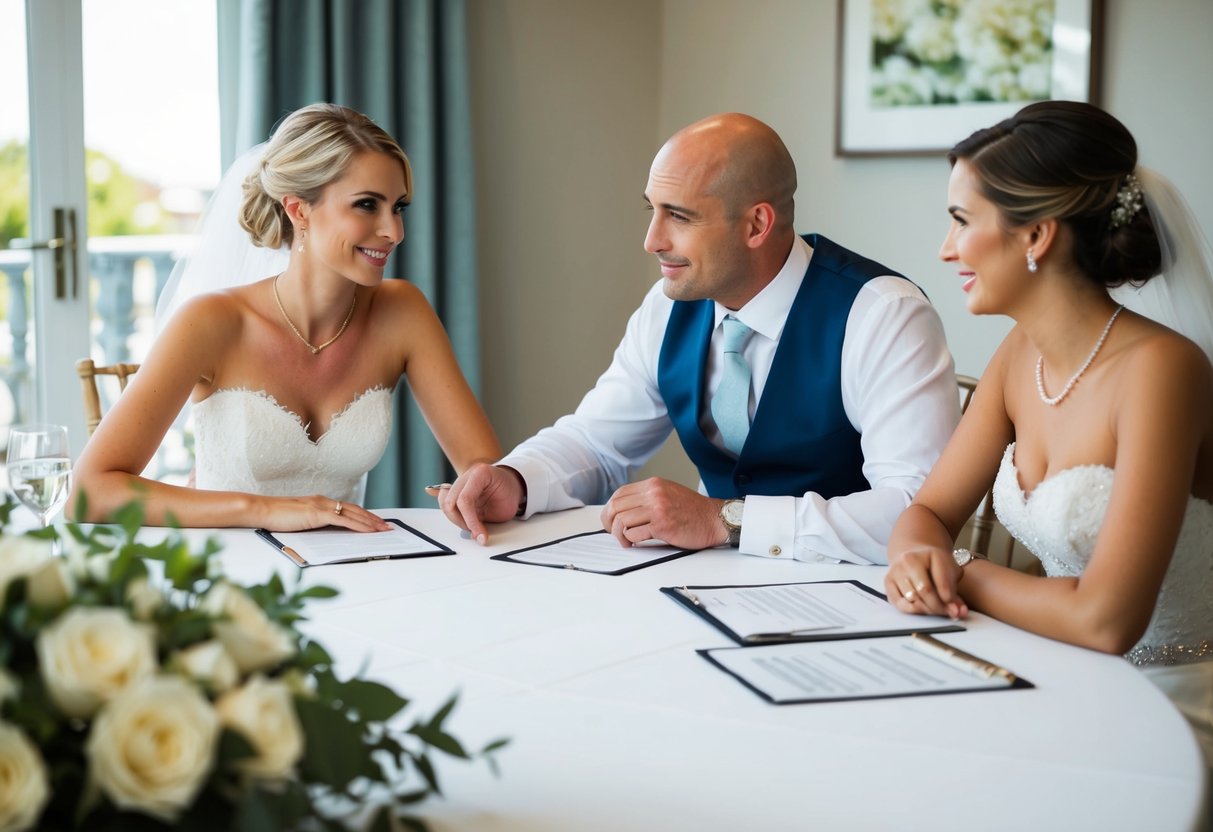 A bride and groom's families discussing wedding expenses at a table, with a respectful and cooperative tone
