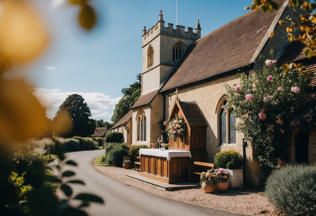 A traditional English countryside church with a quaint wooden altar and floral arrangements