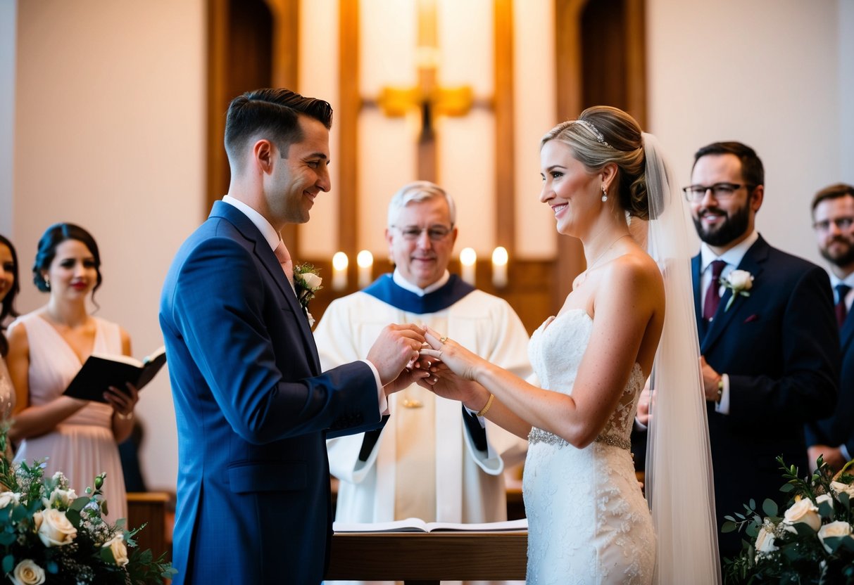 A bride and groom standing at the altar, exchanging rings and making promises to each other in front of a celebrant