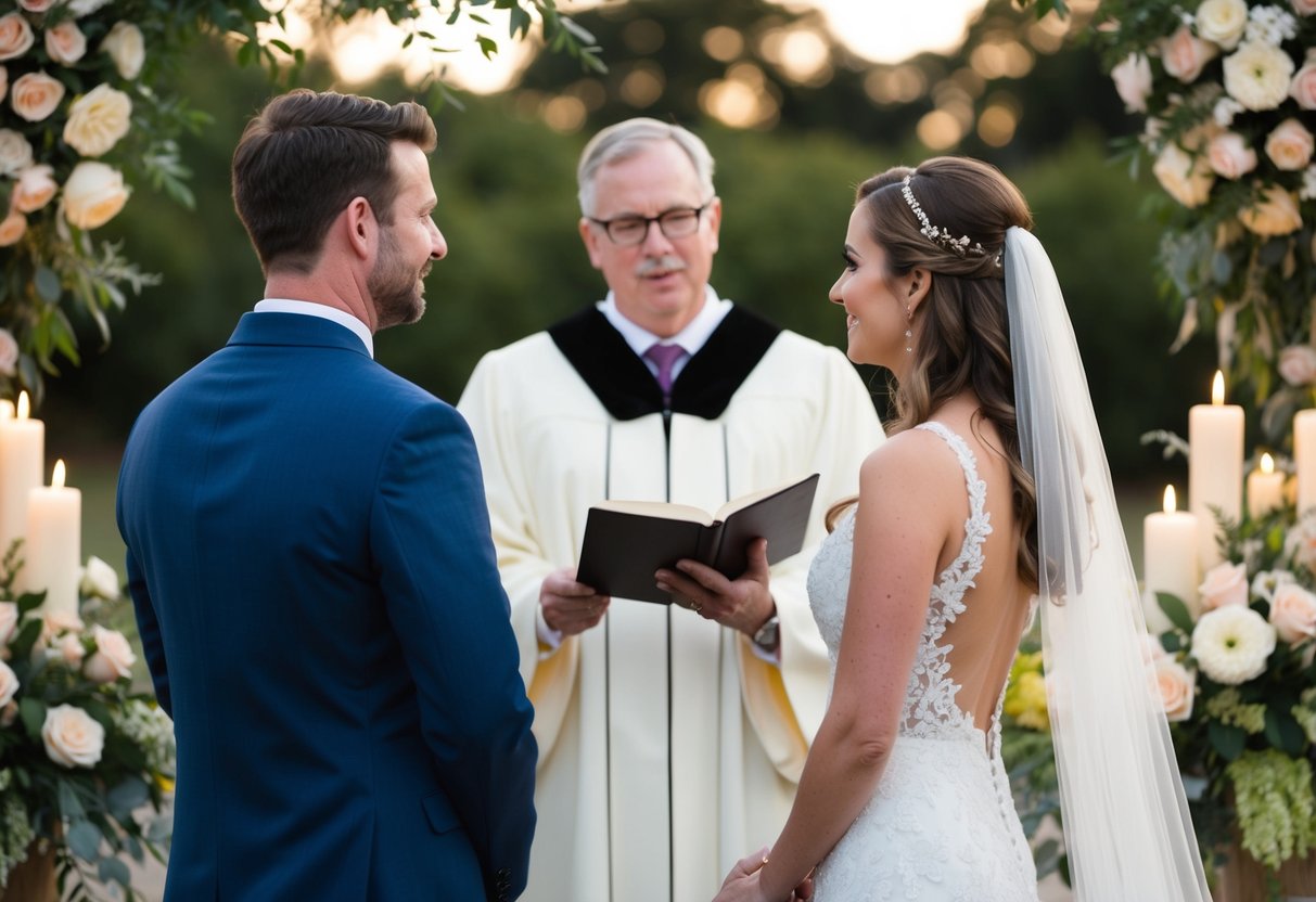 A groom and bride stand facing each other, surrounded by flowers and candles. An officiant stands in the center, holding a book and speaking to the couple