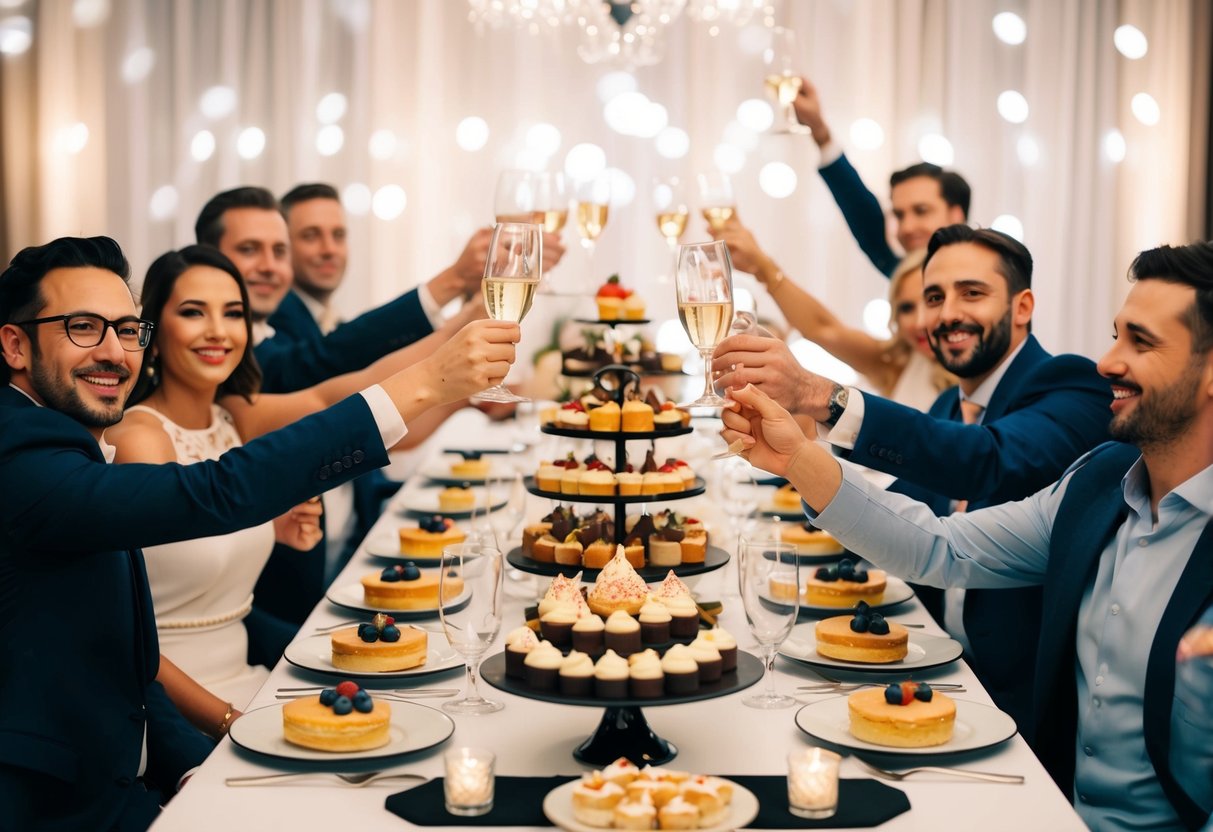 A table set with an array of decadent desserts, surrounded by happy guests raising their glasses in celebration