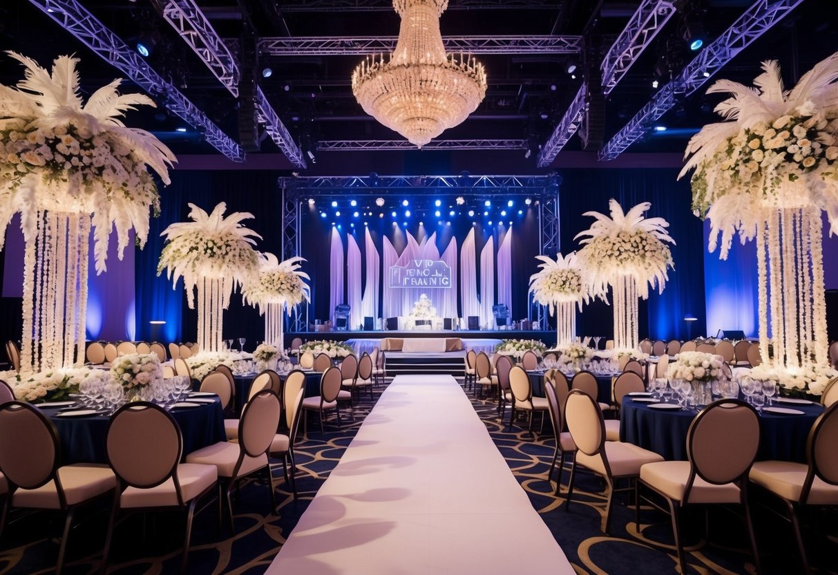 A grand event venue with a stage, VIP seating, and elaborate decorations, showcasing the pinnacle of event planning careers