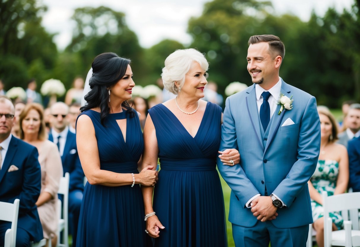 A woman in a flowing navy blue dress stands beside her son, the groom, at the wedding ceremony